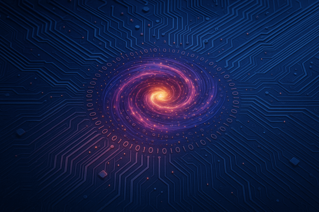 Universum in der Mitte mit Bahnen die nach außen verlaufen ähnlich eines Computerchips.